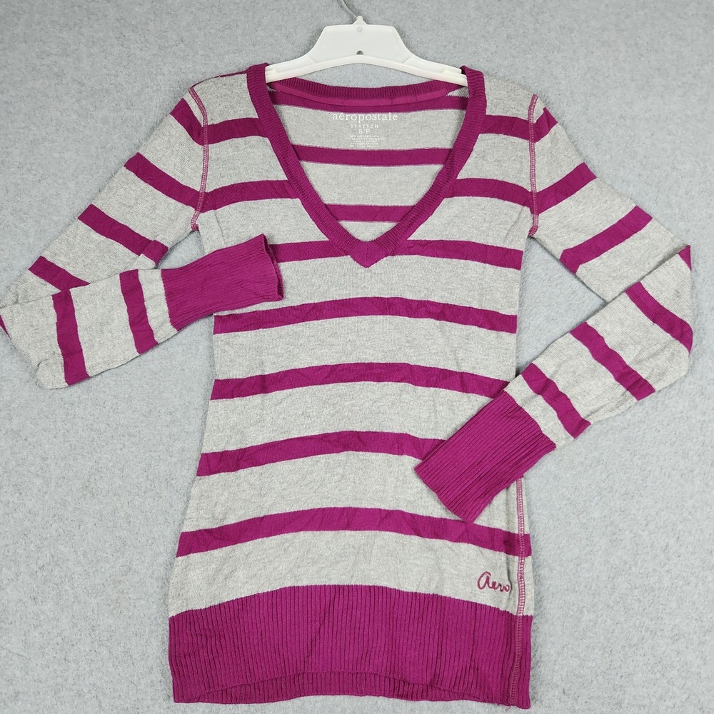 Aeropostale Sweater Womens Small Purple Gray Striped Knit Cotton Stretch V Neck
